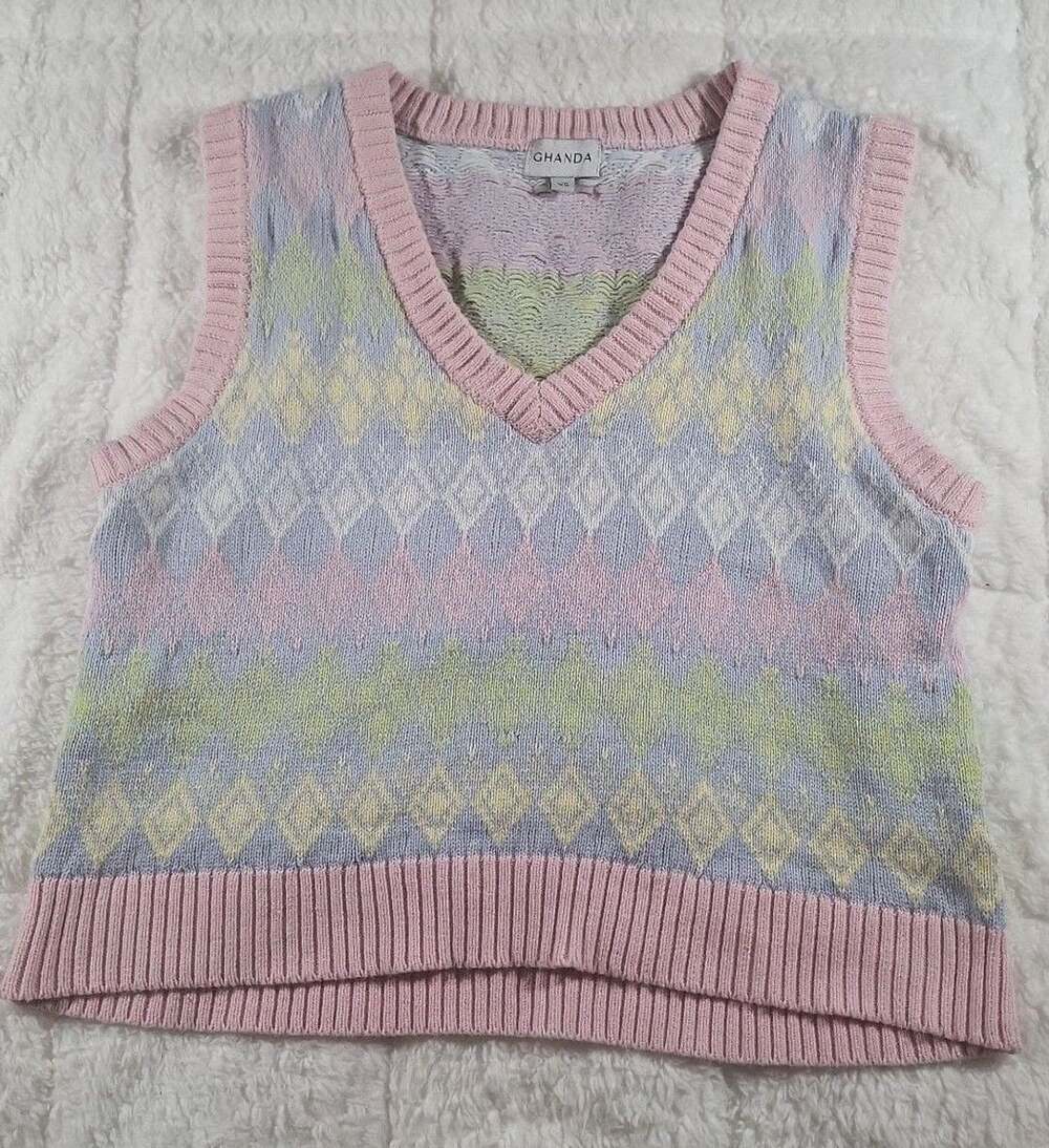 Ghanda Sweater Vest Size XS Pastel Argyle V-Neck Knit Sleeveless Top